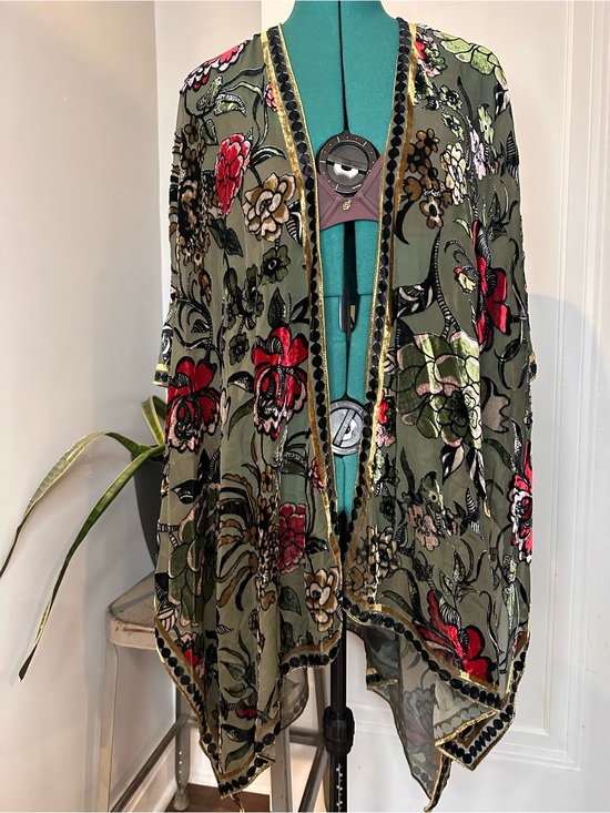 Urban Outfitters Tops - Olive Floral Embroidered Sheer Kimono with Red & Green Accents one size
